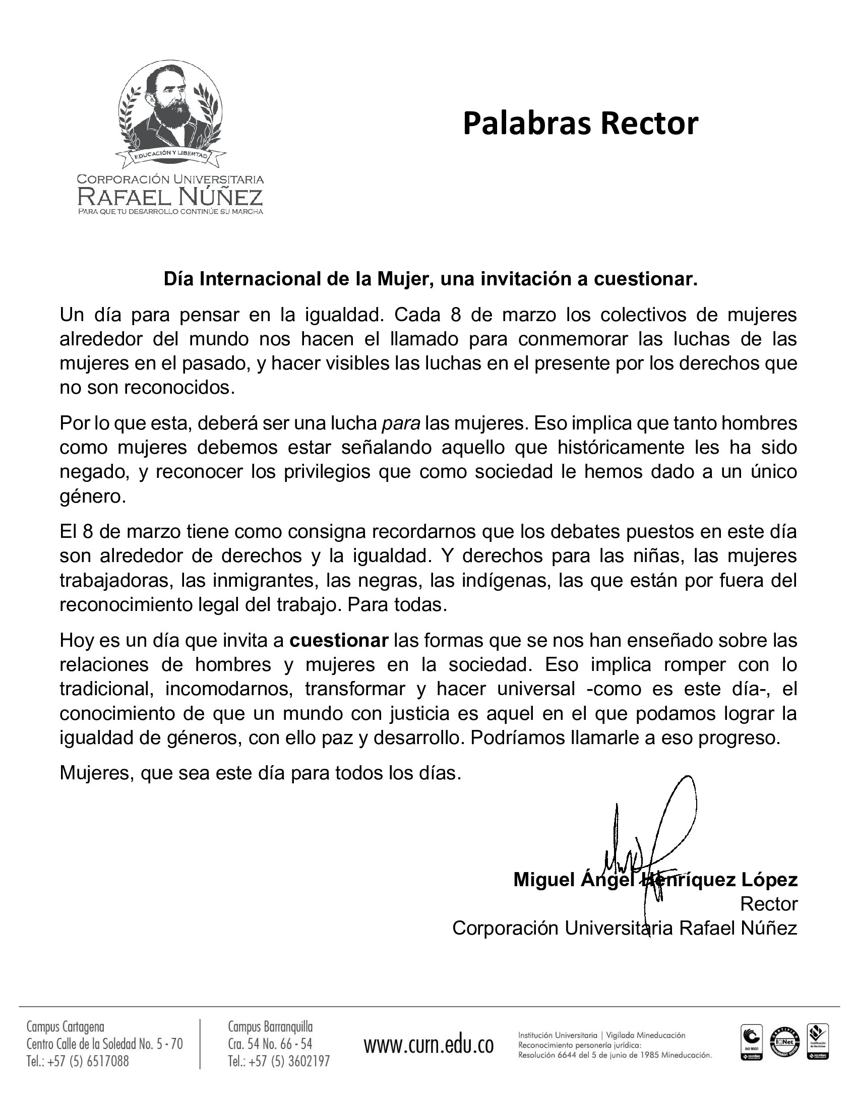 Palabras Rector Día Internacional de la Mujer